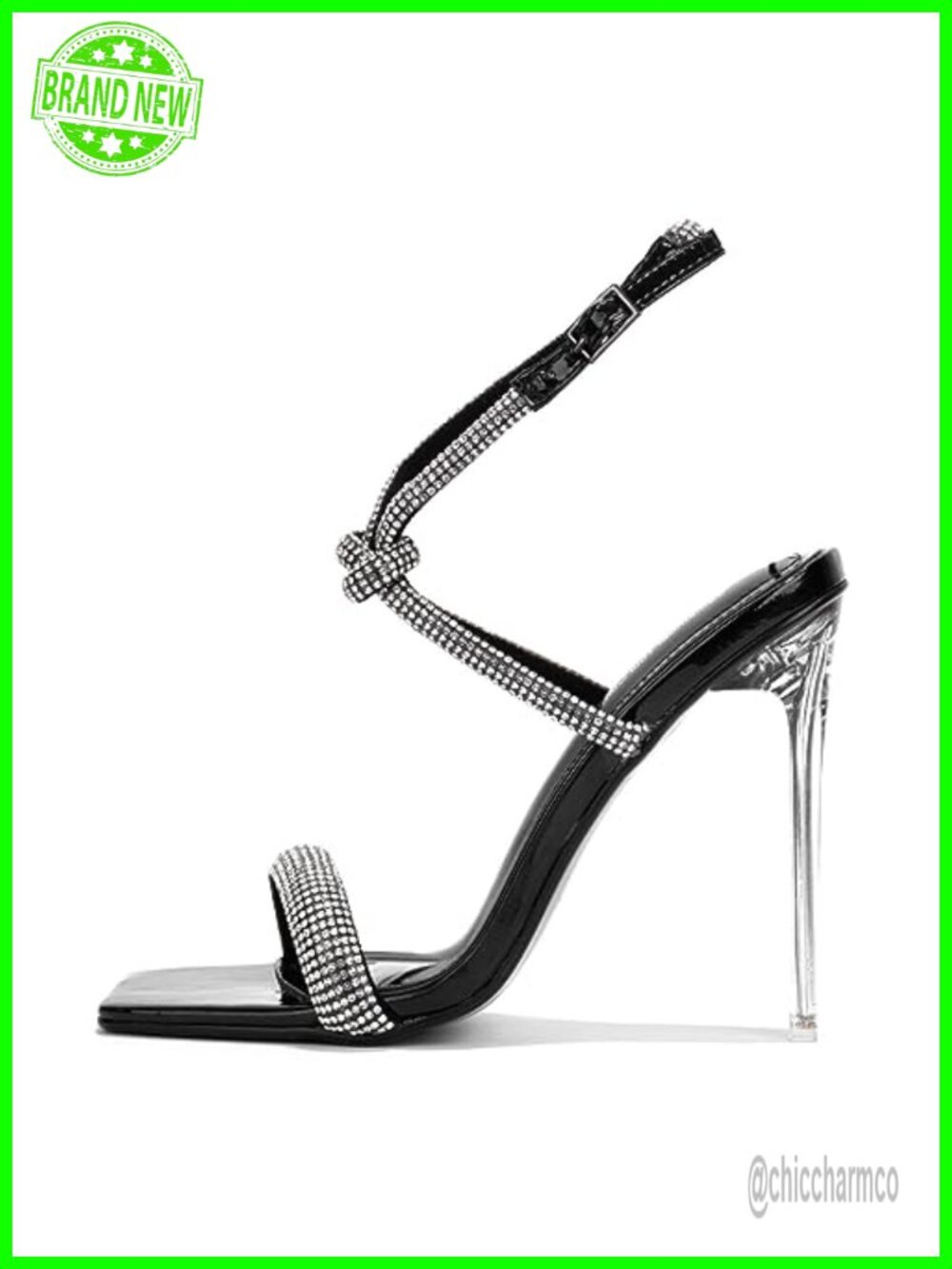 Rhinestone Stiletto Heel Sandals Square Open Toe Ankle Strap Sparkly High Heels